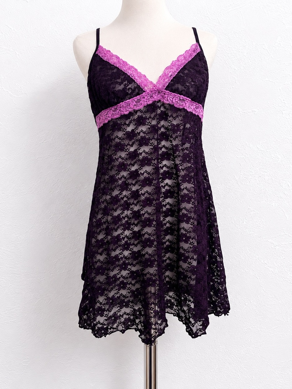 Vintage Purple Lace Babydoll Slip Dress Y2K Sheer Lingerie Fairycore XL